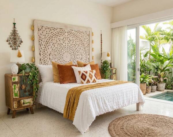 Tropical bedroom with carved panel headboard